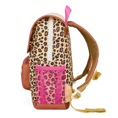 Zaino per bambini beige stampato leopard, tasca a rete rosa Hello Hossy