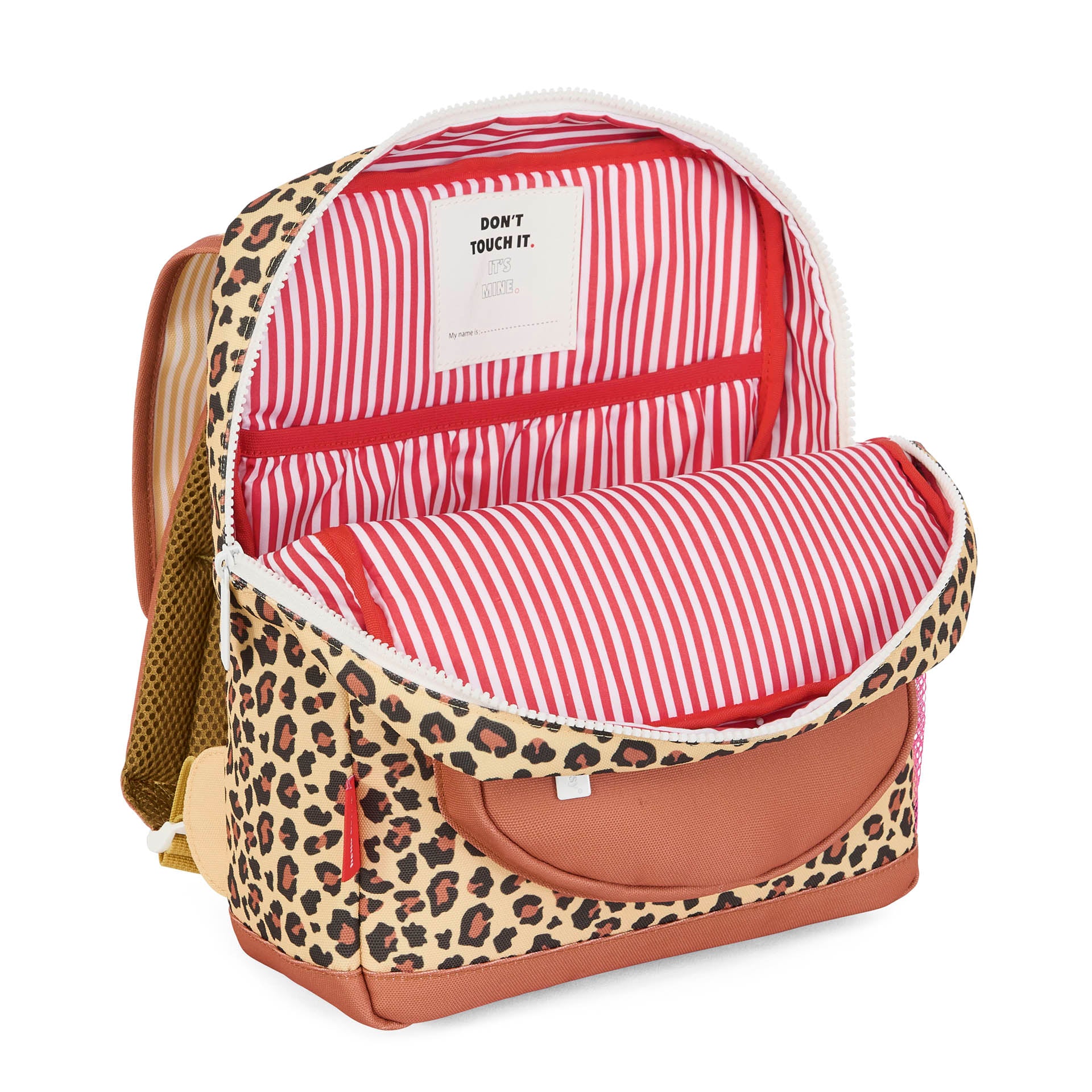 Zaino bambino beige con stampa Leopard, interno a righe rosse Hello Hossy