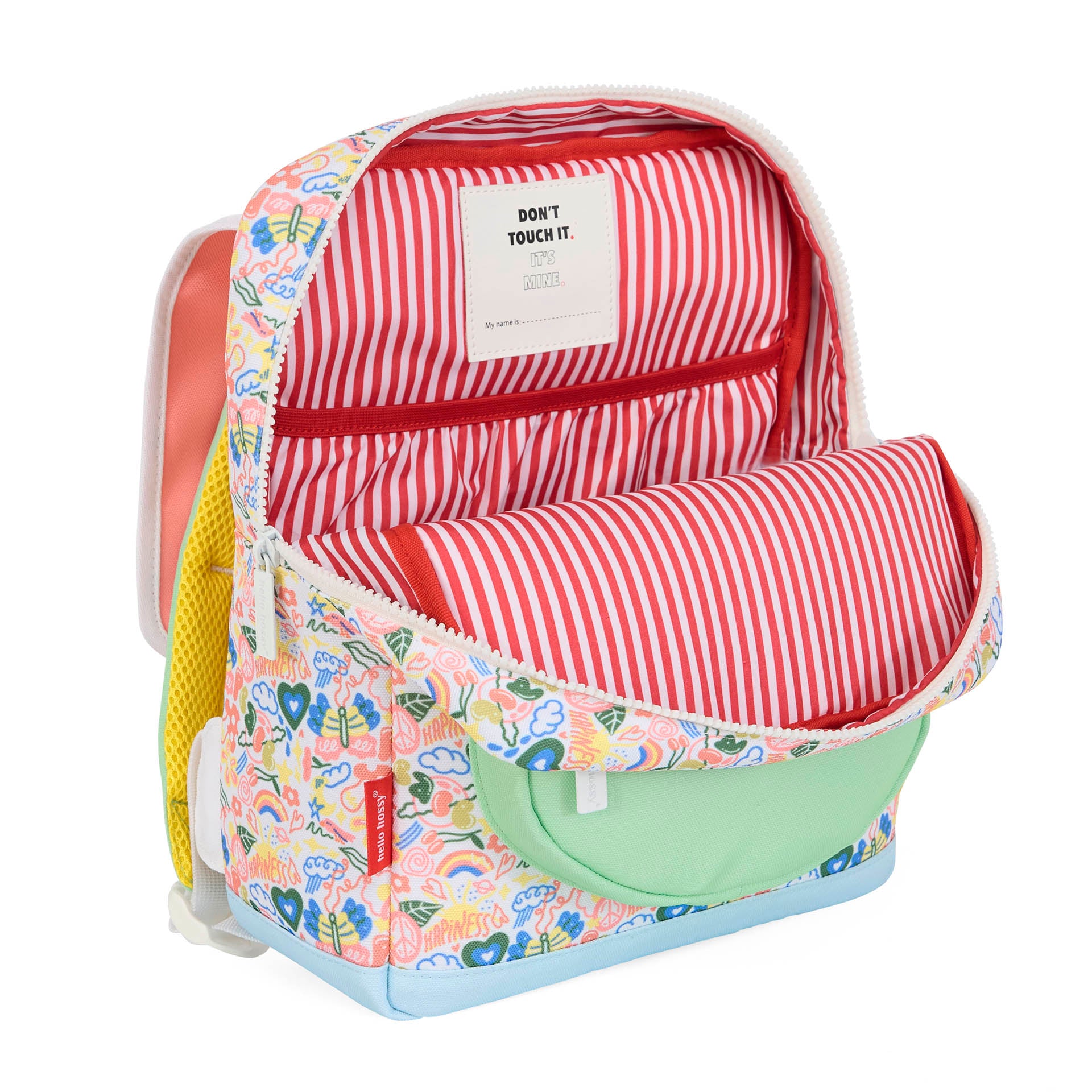 Zaino per bambini bianco e rosa con stampa floreale artistica e tasca verde Hello Hossy