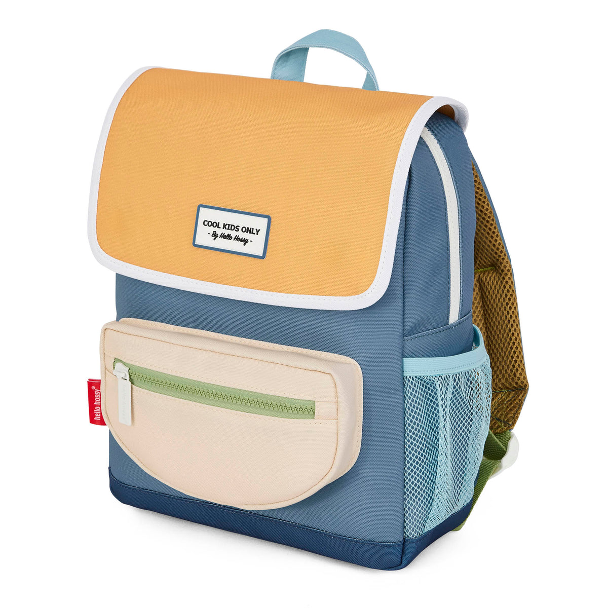 Zaino blu per bambino con patta arancione, tasca frontale Beige e rete blu Hello Hossy