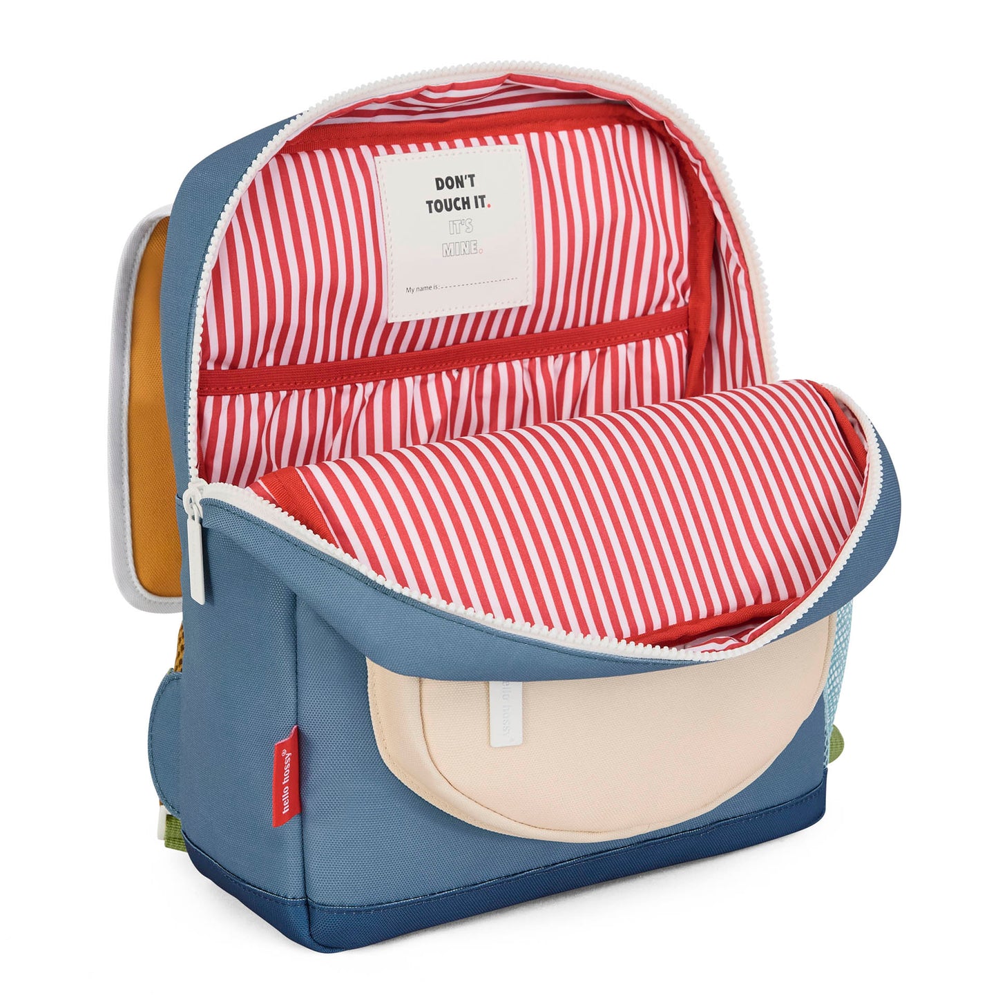 Zaino bambino blu tasca beige interno a righe rosso bianco Hello Hossy