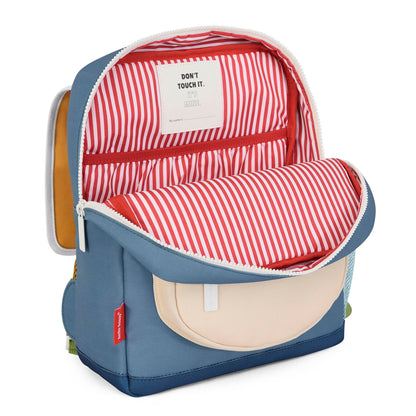 Zaino bambino blu tasca beige interno a righe rosso bianco Hello Hossy