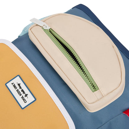 Zaino per bambini blu, tasca beige, chiusura verde Hello Hossy