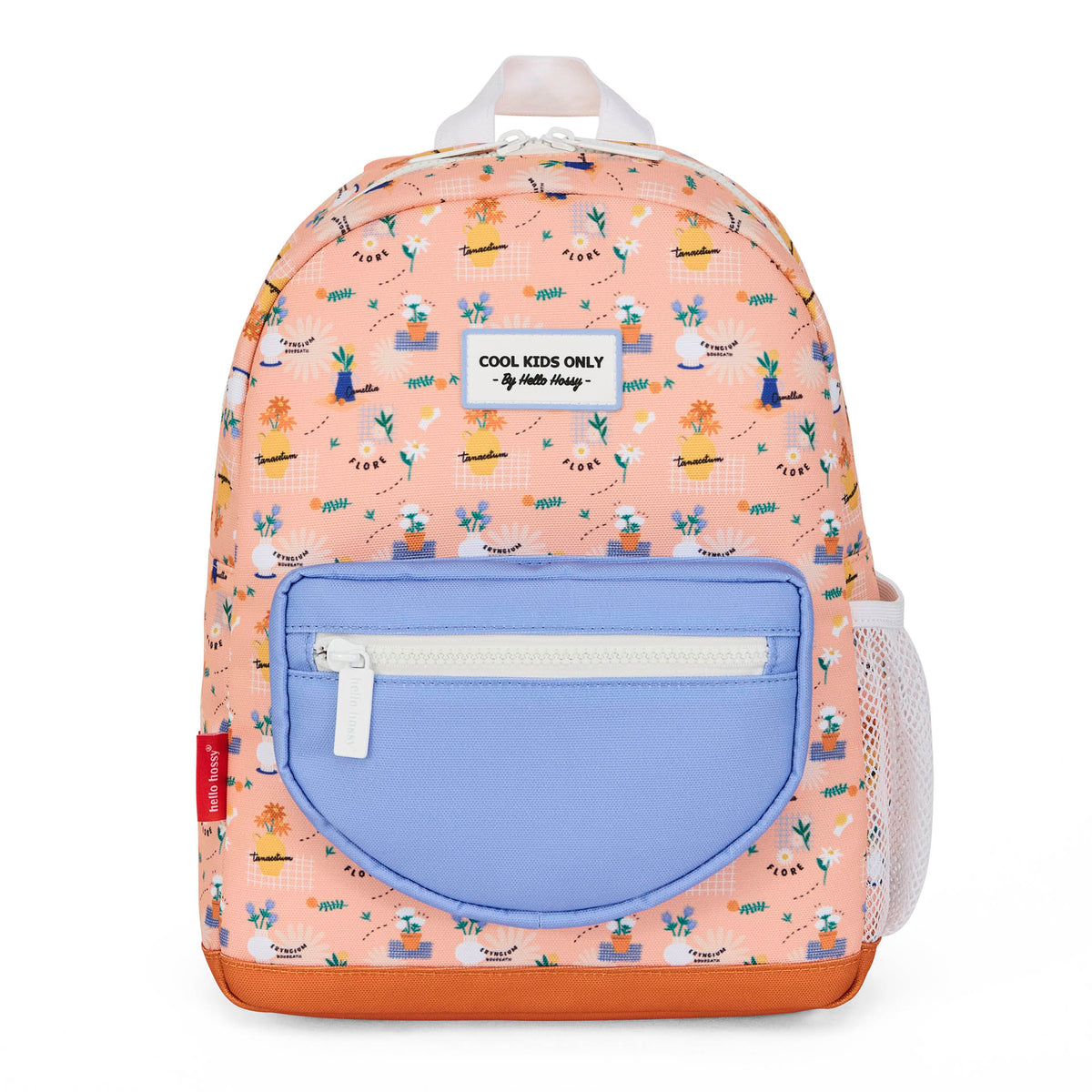 Zaino bambino rosa stampato fiori tasca blu rifinitura in pelle Hello Hossy