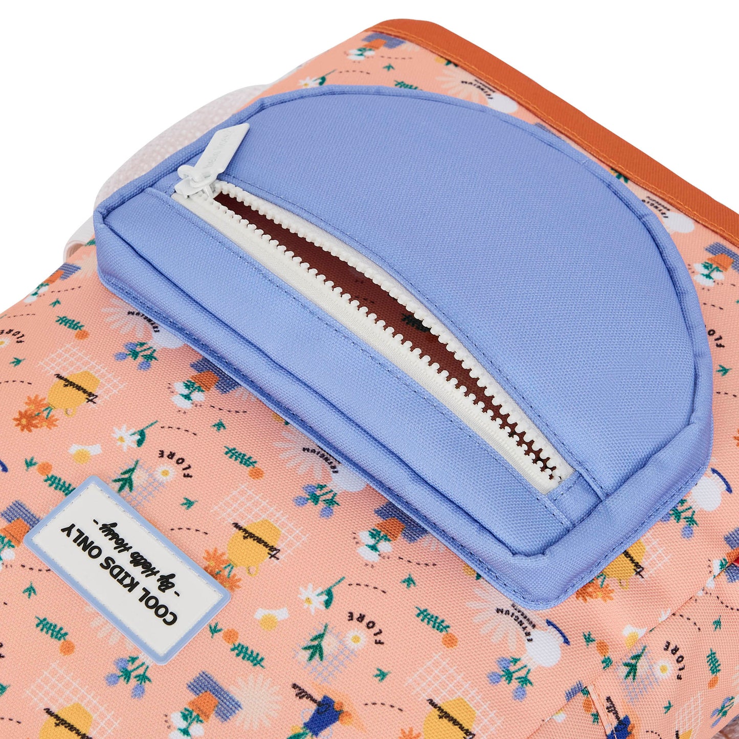 Zaino bambino rosa con stampa a fiori, tasca frontale blu, zip bianca Hello Hossy