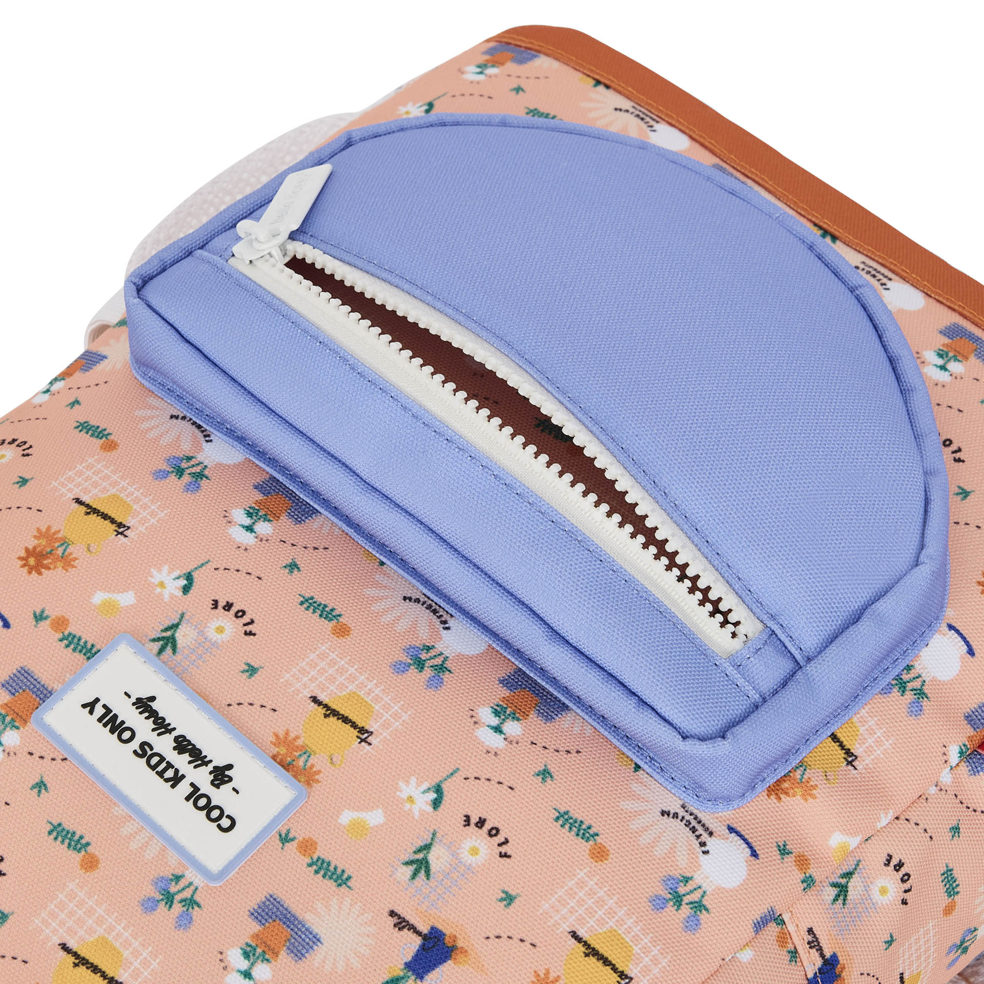Zaino bambino rosa con stampa a fiori, tasca frontale blu, zip bianca Hello Hossy