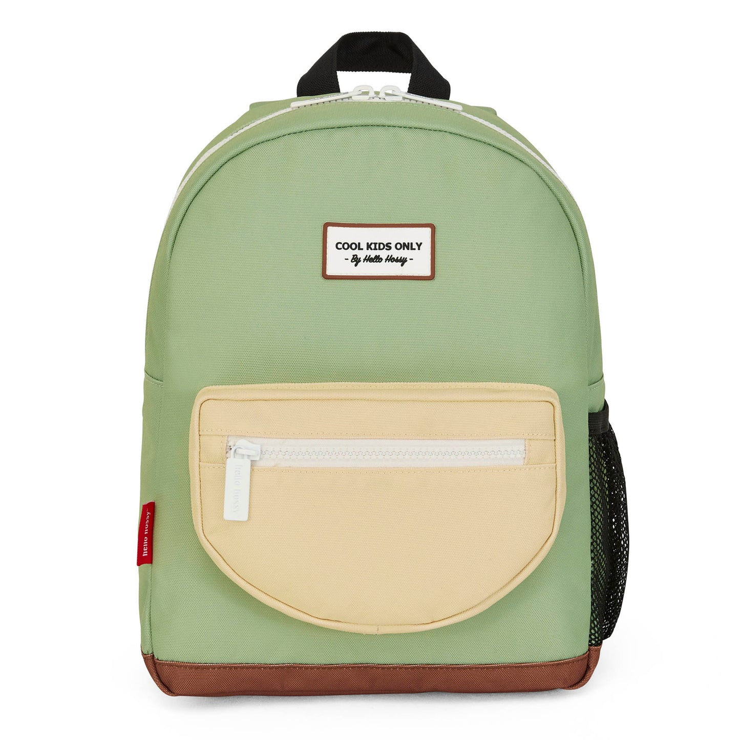 Zaino bambino verde tasca beige base marrone patch con testo Hello Hossy