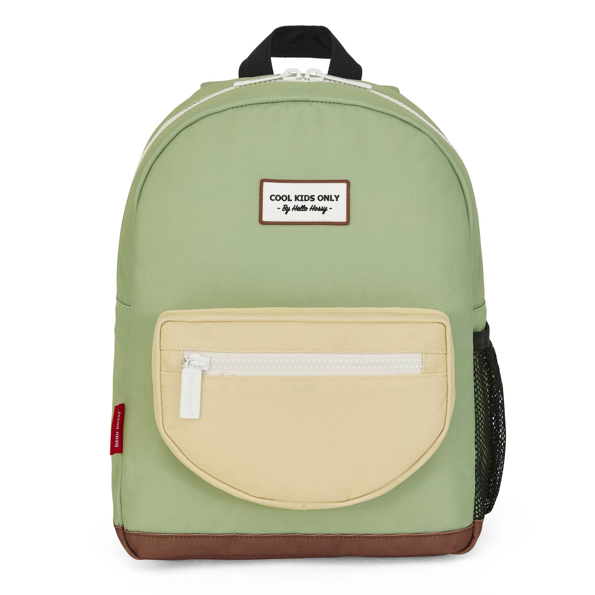Zaino bambino verde tasca beige base marrone patch con testo Hello Hossy