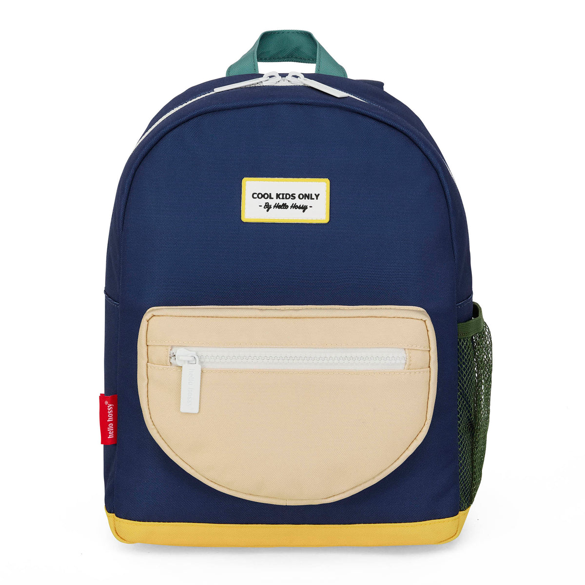 Zaino bambino blu con tasca beige, base gialla, rete verde, patch con testo Hello Hossy