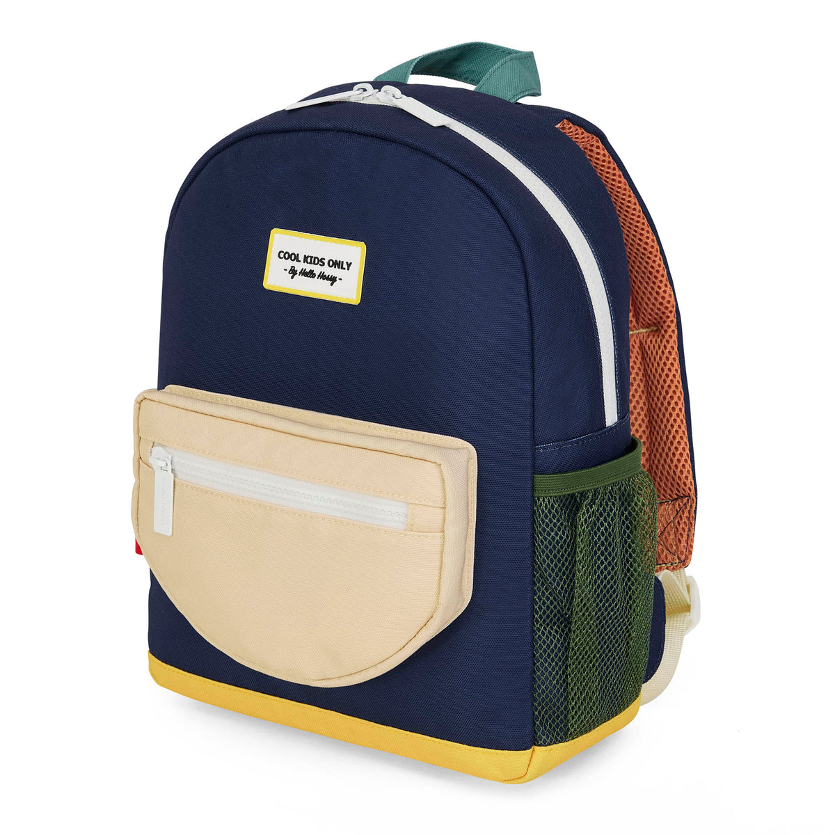 Zaino bambino blu con tasca beige, base gialla, rete verde, patch Cool Kids Only Hello Hossy
