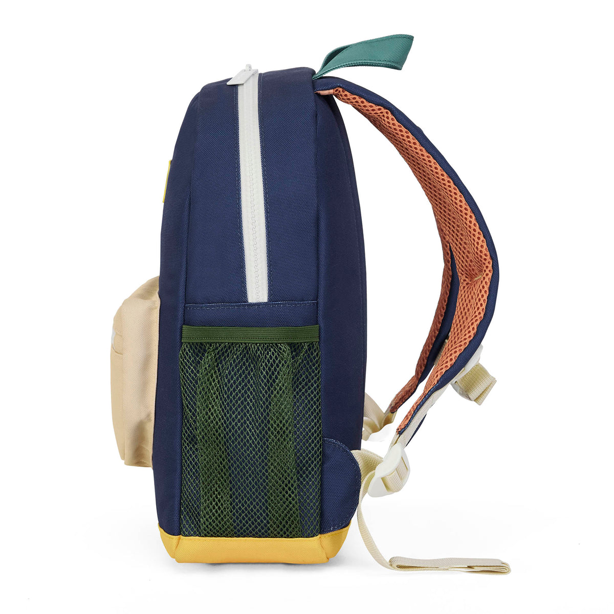 Zaino per bambini blu con tasca a rete verde, base gialla e spalline arancioni Hello Hossy