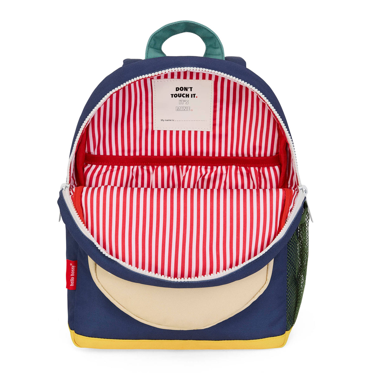 Zaino per bambini blu, tasca Beige, base gialla, interno a righe rosse Hello Hossy