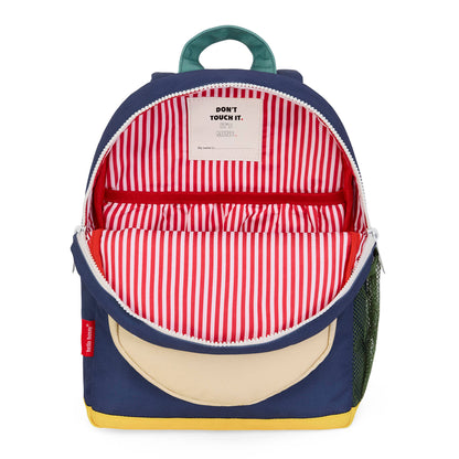 Zaino per bambini blu, tasca Beige, base gialla, interno a righe rosse Hello Hossy