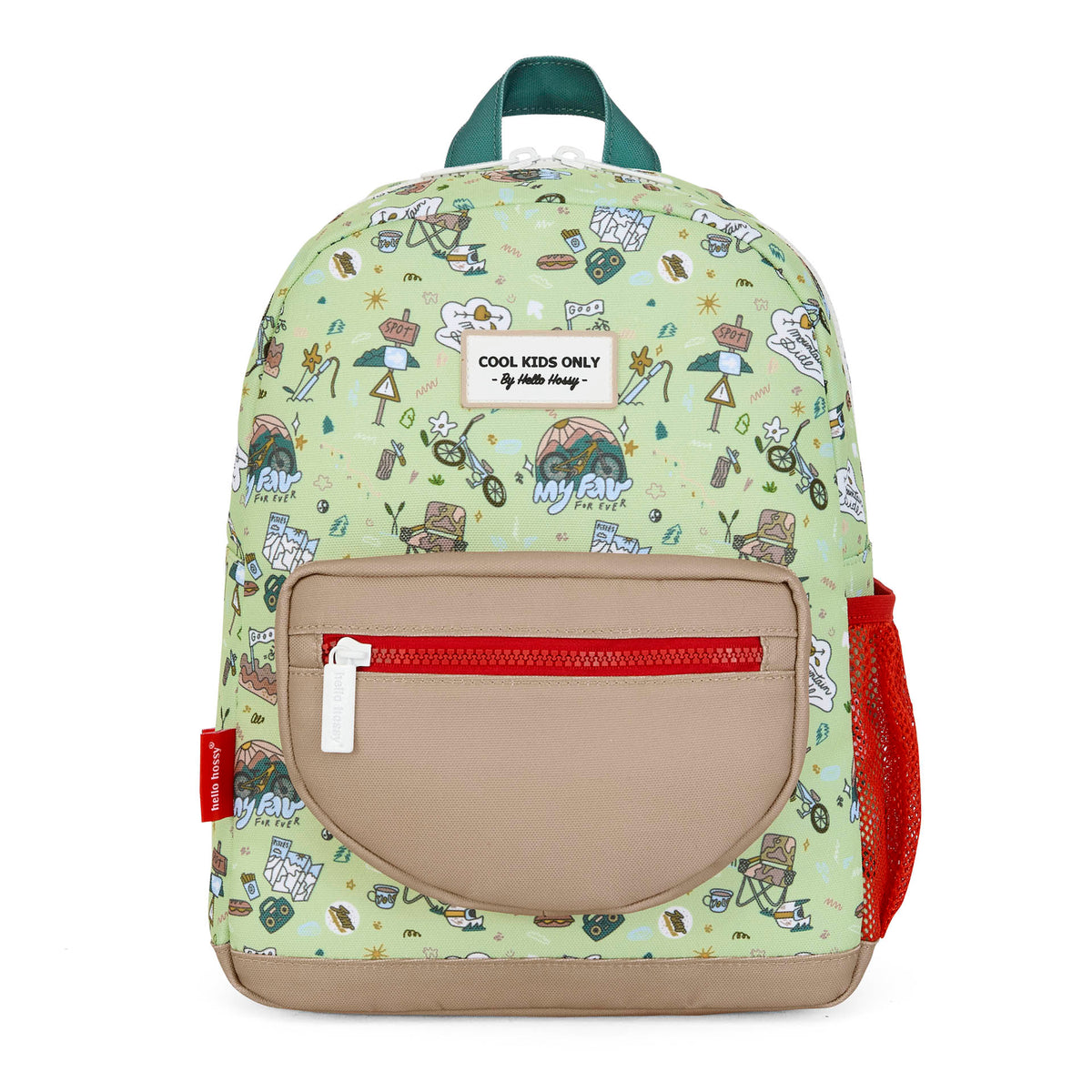 Zaino per bambini verde con motivo a toppe, tasca Beige e retina rosso Hello Hossy