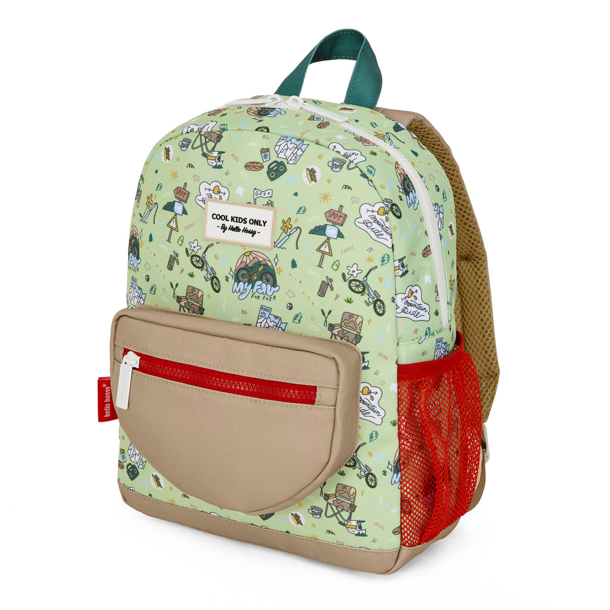 Zaino bambino verde motivo viaggio bicicletta tasca beige rete rosso Hello Hossy