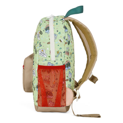 Zaino per bambini verde con motivo viaggio e bicicletta, tasca in rete rossa Hello Hossy