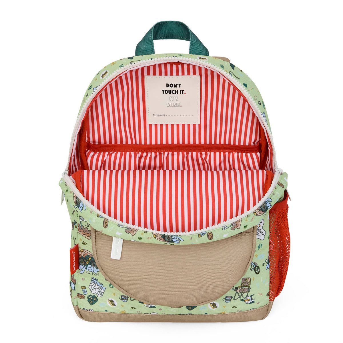 Zaino bambino verde motivi viaggio bicicletta interno a righe rosso Hello Hossy