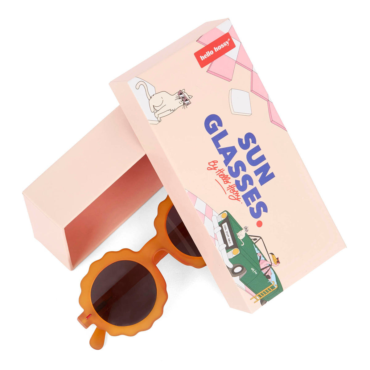 Occhiali da sole arancioni per bambini, forma a fiore, con packaging Hello Hossy