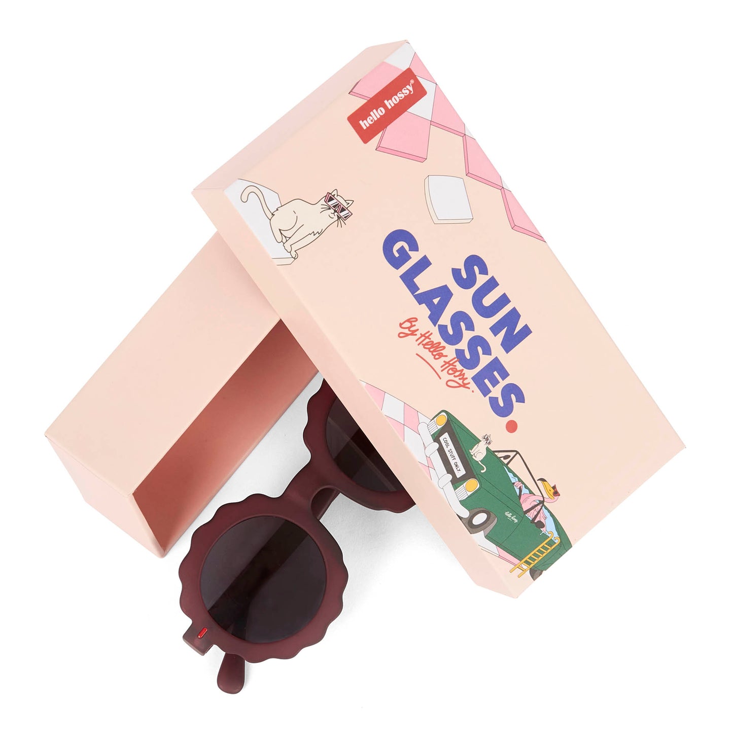 Occhiali da sole bambino viola forma a fiore con packaging Hello Hossy