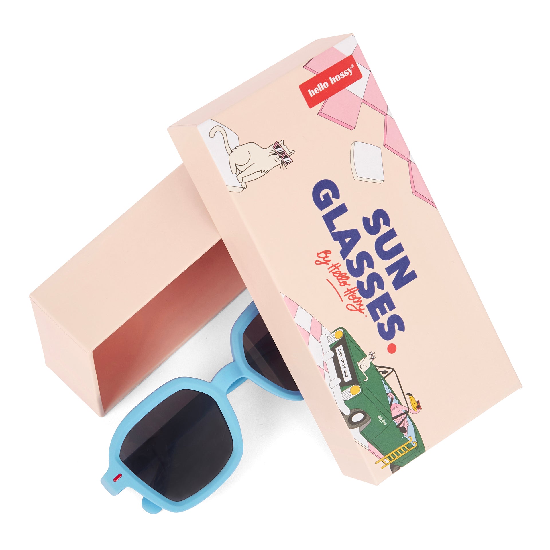 Occhiali da sole per bambini blu, forma quadrata, con packaging Hello Hossy
