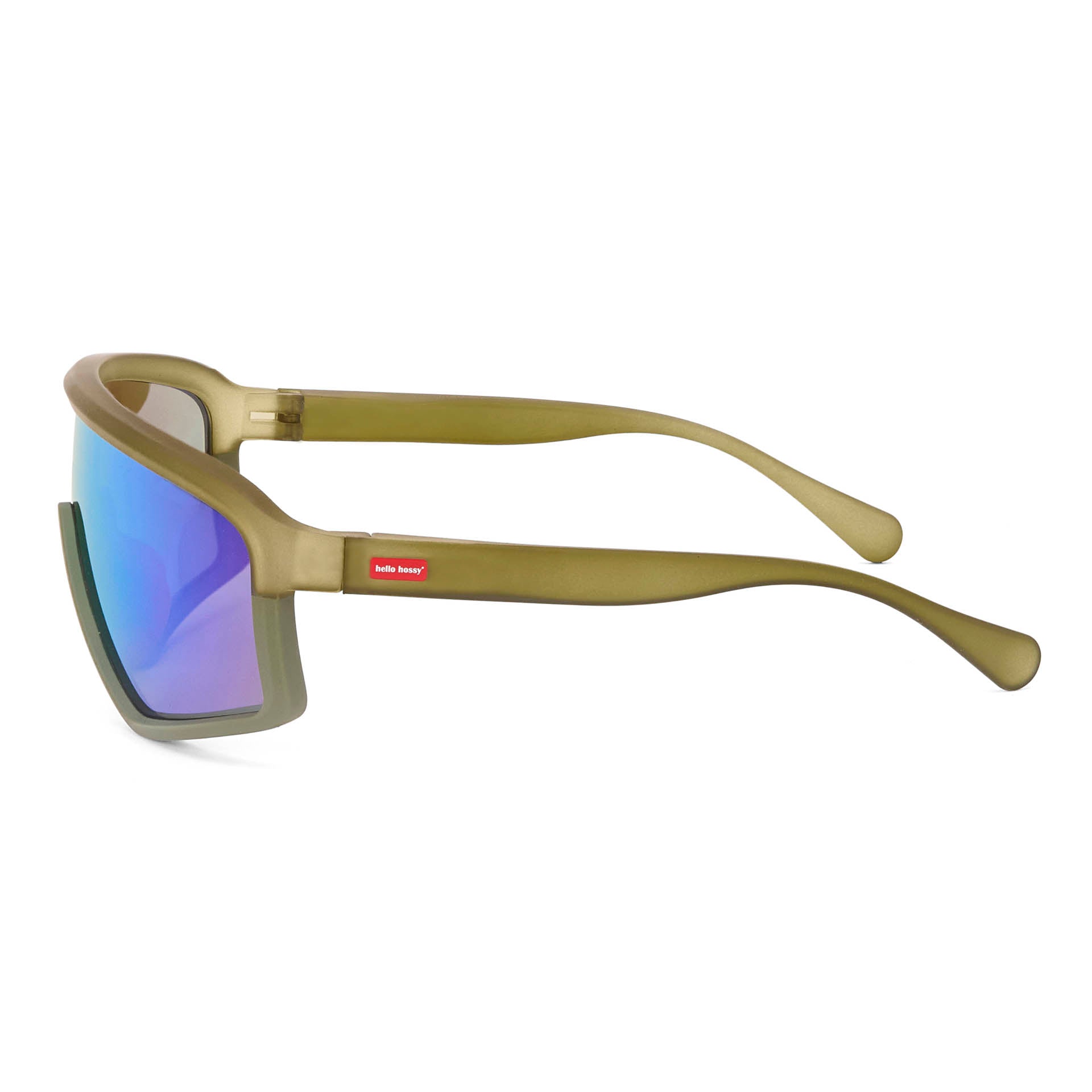 Occhiali da sole per bambini verdi, forma sport, specchiati blu, aste opache Hello Hossy