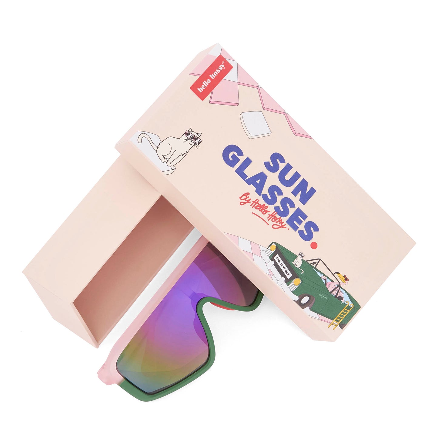 Occhiali da sole per bambini rosa e verdi, forma a maschera, con packaging Hello Hossy