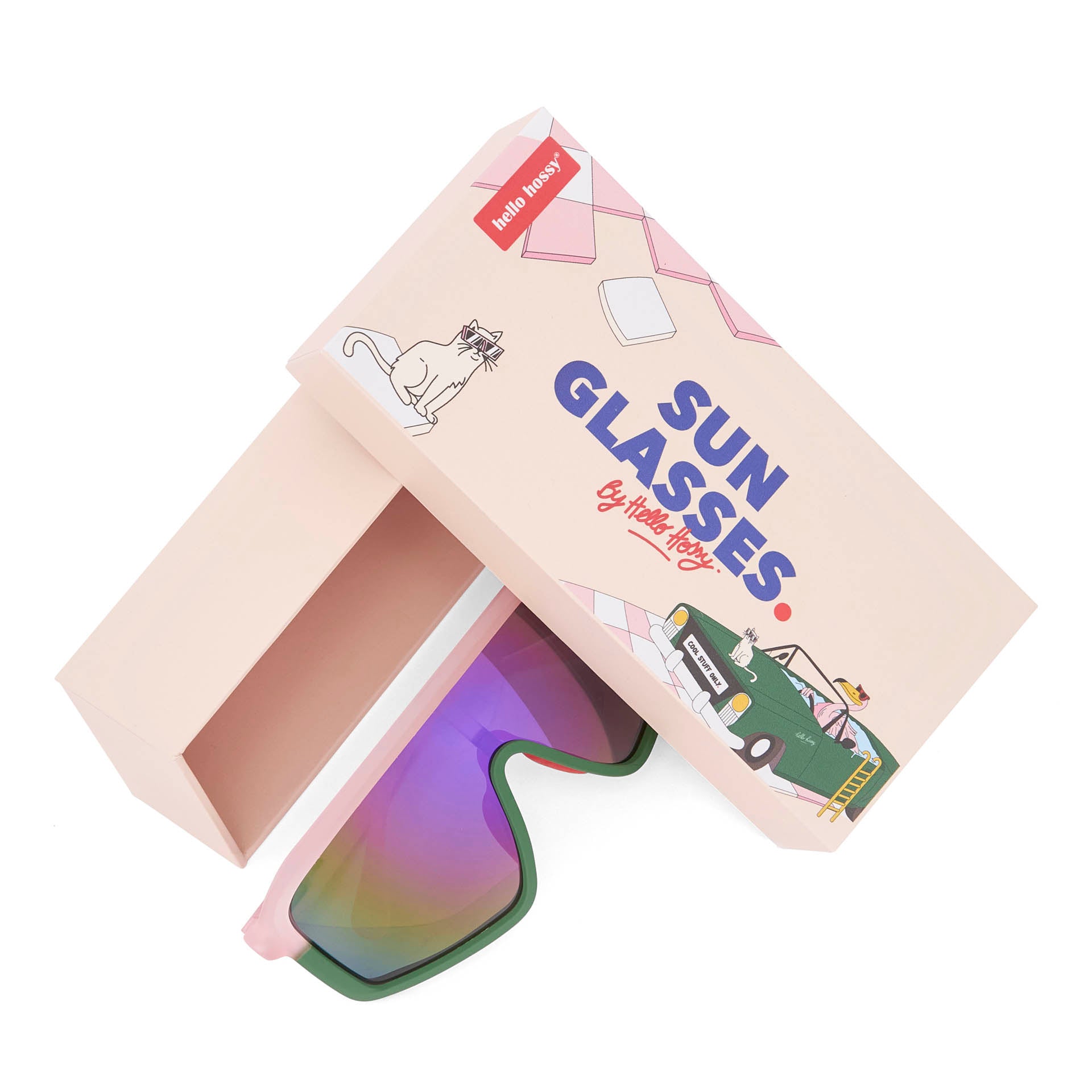 Occhiali da sole per bambini rosa e verdi, forma a maschera, con packaging Hello Hossy