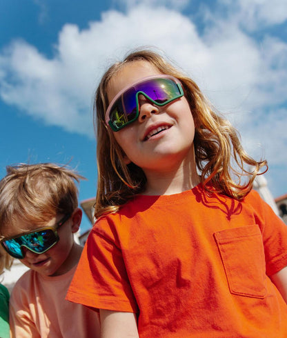 Occhiali da sole bambino, montatura Sport rosa, lenti a specchio verdi Hello Hossy