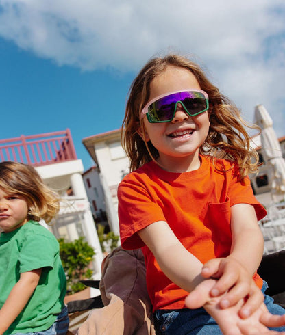 Occhiali da sole bambino, montatura Sport rosa, lenti a specchio verdi Hello Hossy