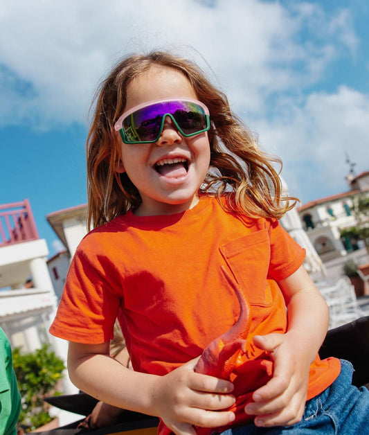 Occhiali da sole bambino verdi e rosa, lenti a specchio, forma ampia sport Hello Hossy