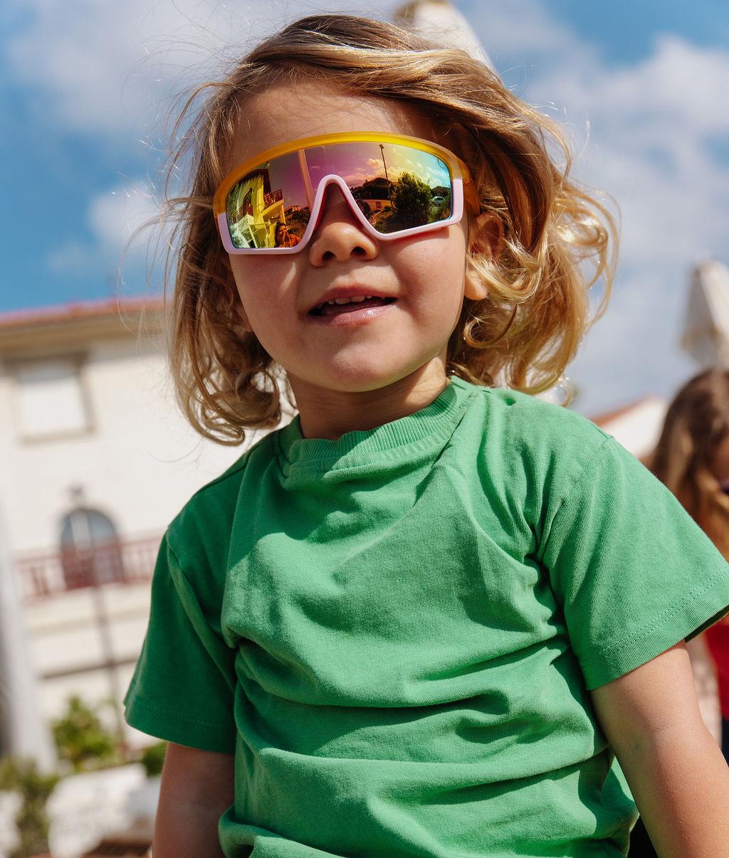 Occhiali da sole per bambini con montatura sport bicolore arancione e rosa, lenti a specchio Hello Hossy