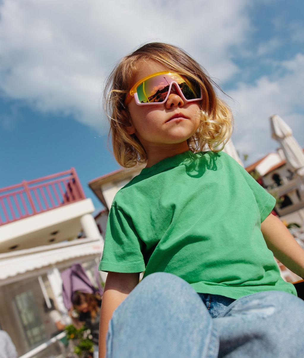 Occhiali da sole bambino arancione rosa lenti a specchio forma geometrica Hello Hossy