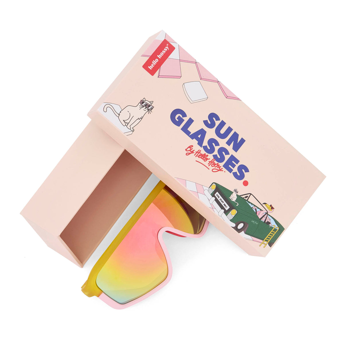 Occhiali da sole per bambini arancione e rosa, forma Sport, con packaging Hello Hossy