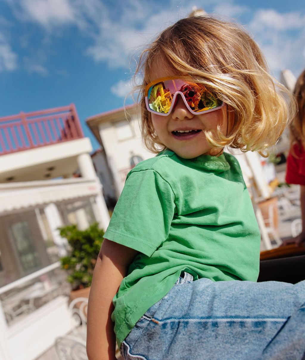 Occhiali da sole per bambini arancioni, montatura rosa, lenti a specchio Hello Hossy