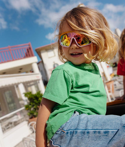 Occhiali da sole per bambini arancioni, montatura rosa, lenti a specchio Hello Hossy