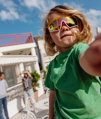Occhiali da sole per bambini con montatura arancione rosa e lenti a specchio Hello Hossy