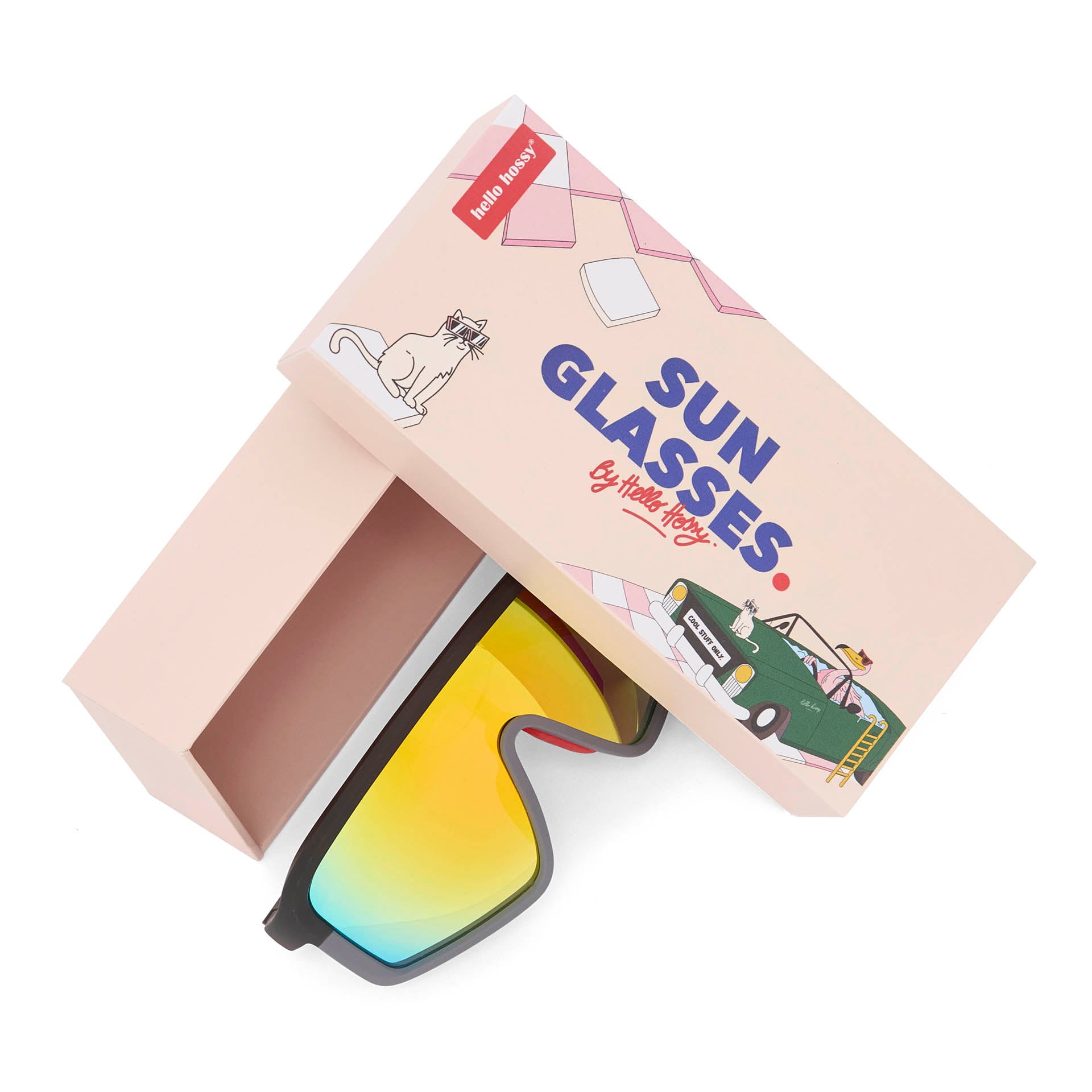 Occhiali da sole bambino forma sport lenti a specchio giallo con packaging Hello Hossy