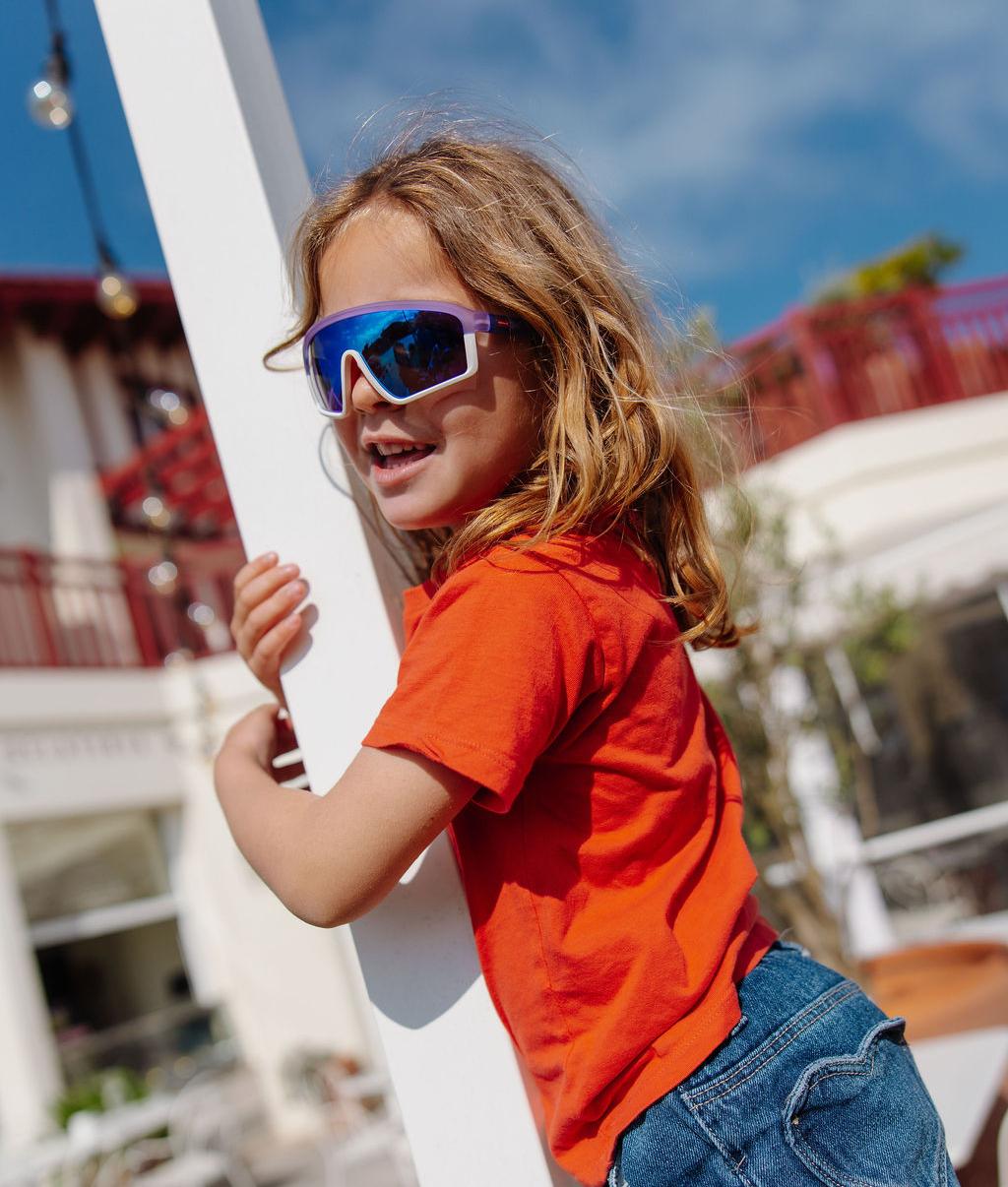 Occhiali da sole bambino viola bianco forma sport specchio Hello Hossy
