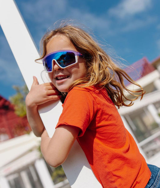 Occhiali da sole bambino viola bianco forma sport specchio Hello Hossy