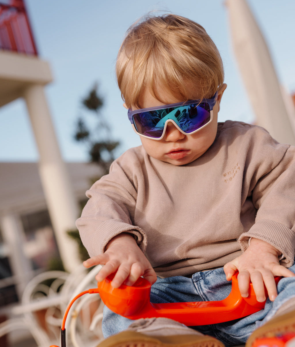 Occhiali da sole bambino viola bianco forma sport specchio grande Hello Hossy