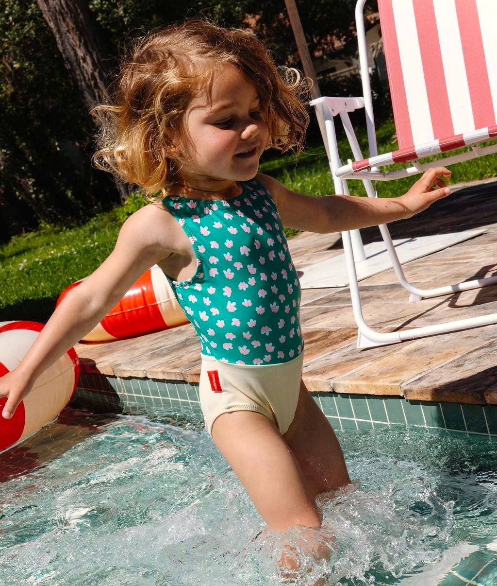 Costume da bagno bambina verde giallo rosa motivo fiori Hello Hossy