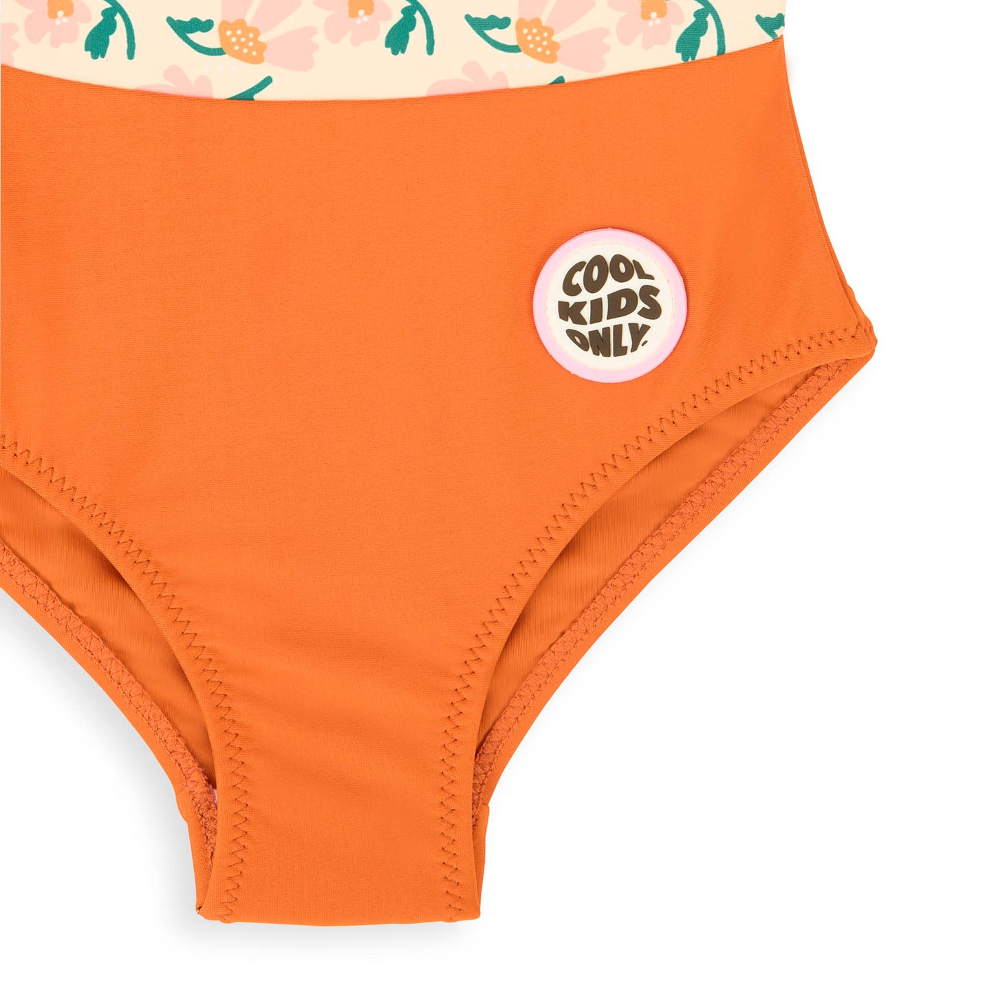 Costume da bagno bambina arancione con stampa a fiori, patch Cool Kids Only Hello Hossy