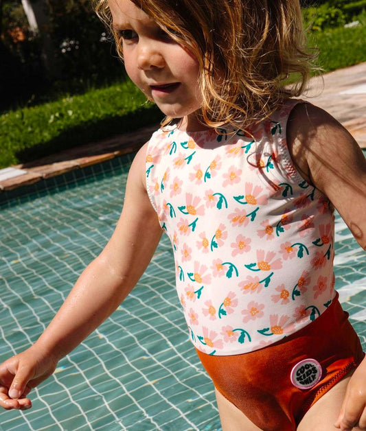 Costume da bagno bambina rosa arancione motivo fiori patch rotonda Hello Hossy