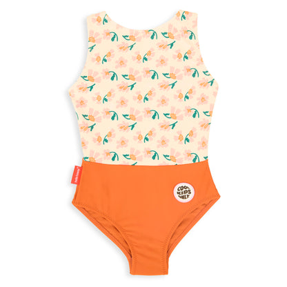 Costume da bagno bambina rosa arancione stampa fiori patch rotonda Cool Kids Only Hello Hossy