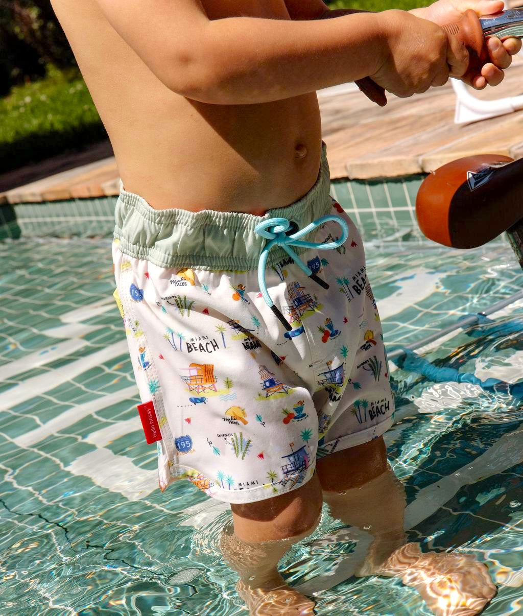 Costume da bagno bambino Beige verde stampato USA motivi spiaggia Hello Hossy