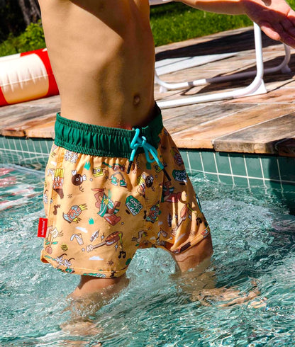 Costume da bagno bambino cammello e verde, stampa musica, cordoncino blu, Hello Hossy