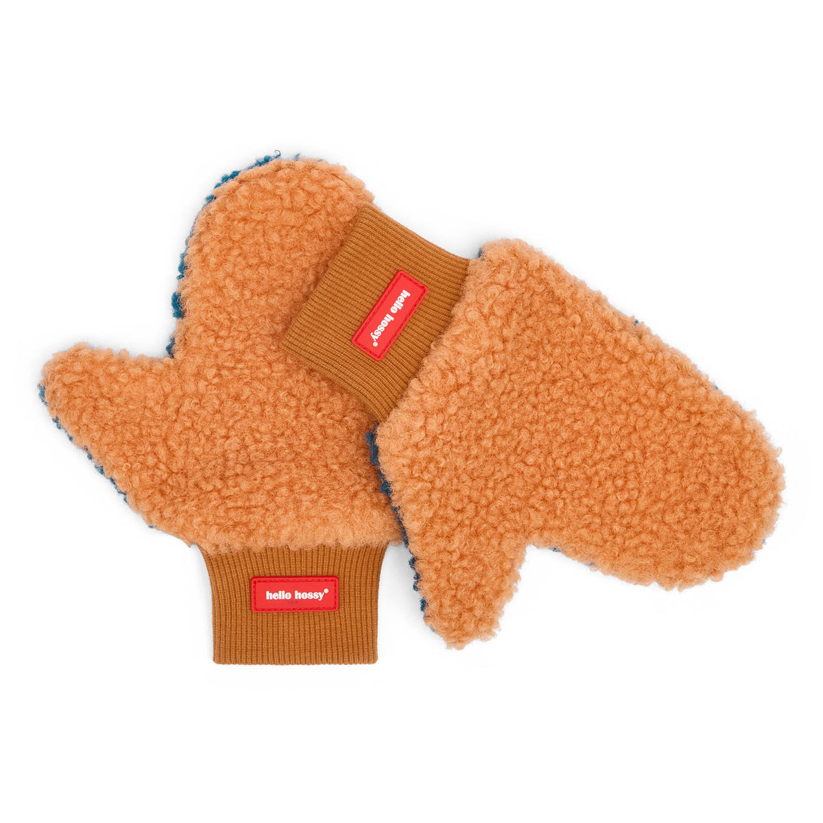 Muffole bambino cammello con fodera in pile bicolore ed etichetta rossa Hello Hossy