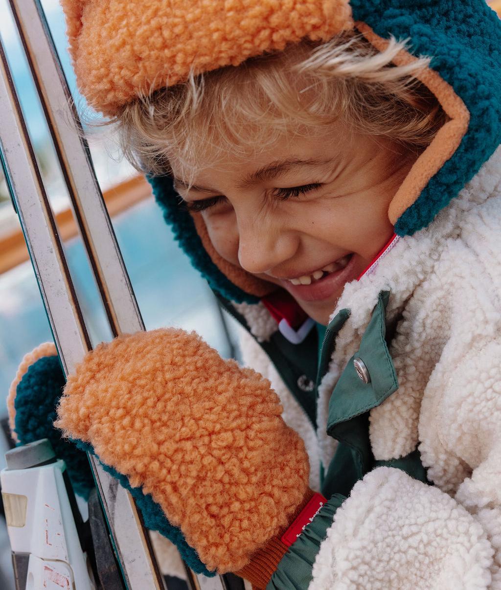 Muffole bambino blu cammello effetto sherpa fodera in pile Hello Hossy