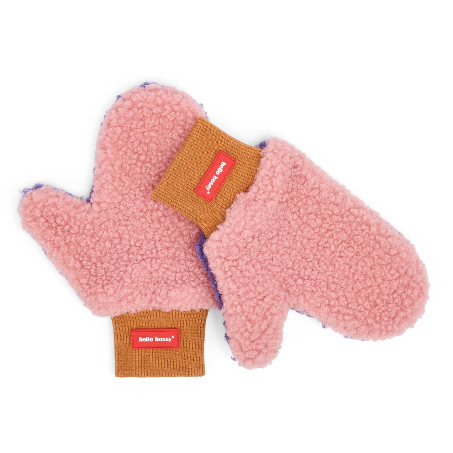 Muffole bambino rosa effetto sherpa bordo a costine cammello Hello Hossy