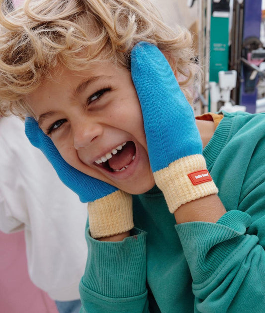 Muffole bambino blu beige bordo a costine etichetta Hello Hossy